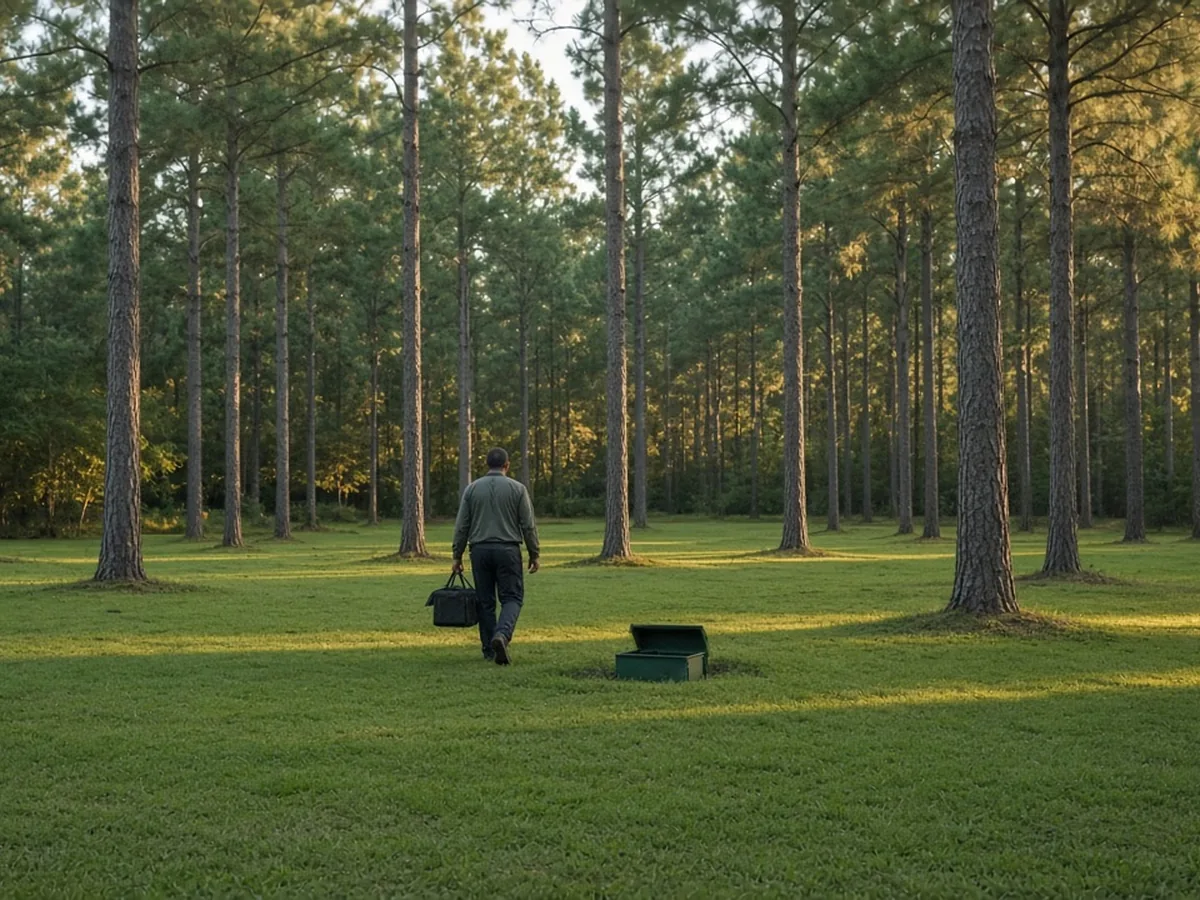 Irrigation technician walking across a pine-shaded lawn in Walker County, TX
