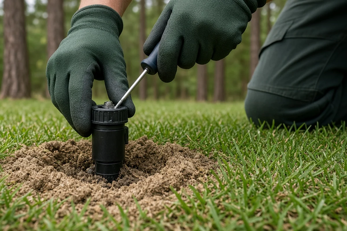 Technician adjusting a sprinkler nozzle on a Huntsville, TX lawn