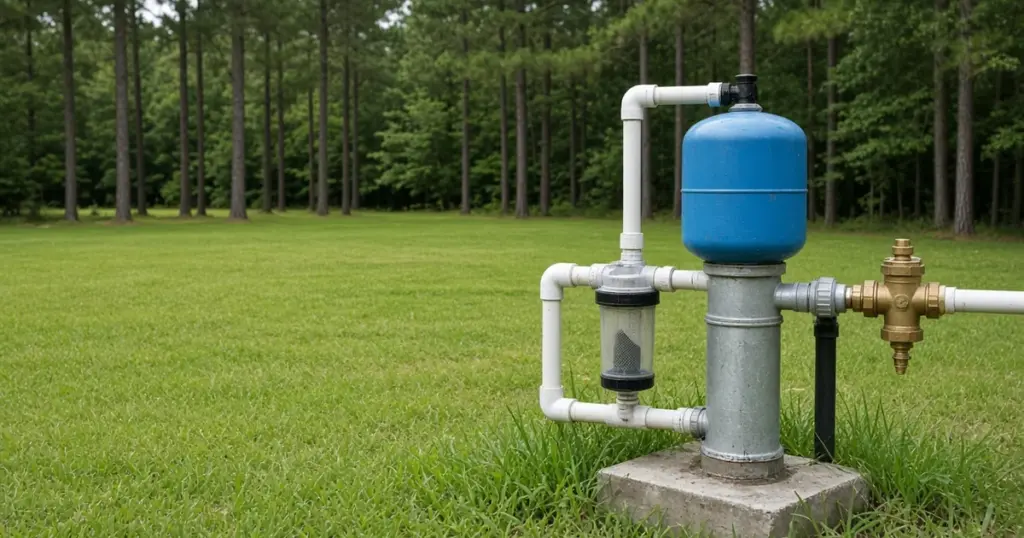 Well-water irrigation setup with pressure tank and filter in Walker County, TX
