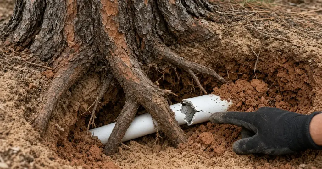 Pine tree roots cracking a PVC irrigation line in Huntsville, TX