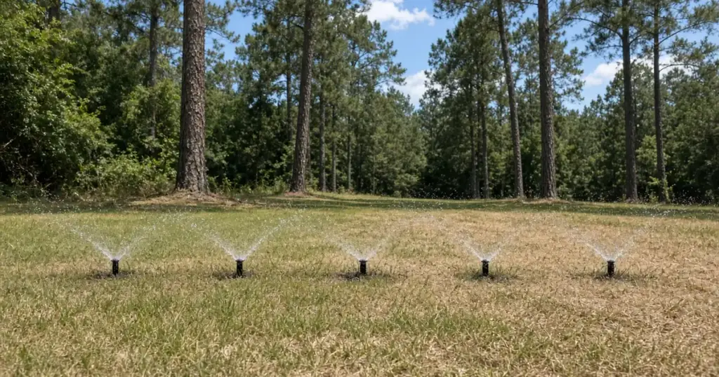 Weak sprinkler spray from low water pressure leaving dry lawn edges