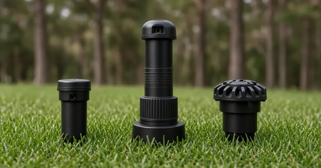 Spray head, rotor head and rotary nozzle compared side by side on a lawn