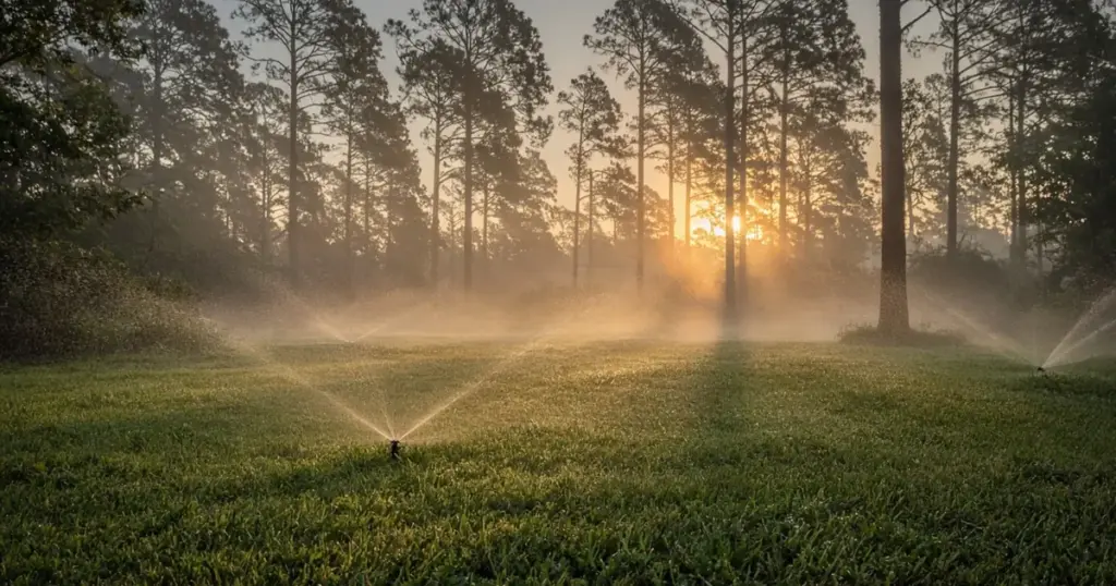 Early-morning sprinkler watering in humid air on a Huntsville, TX St. Augustine lawn
