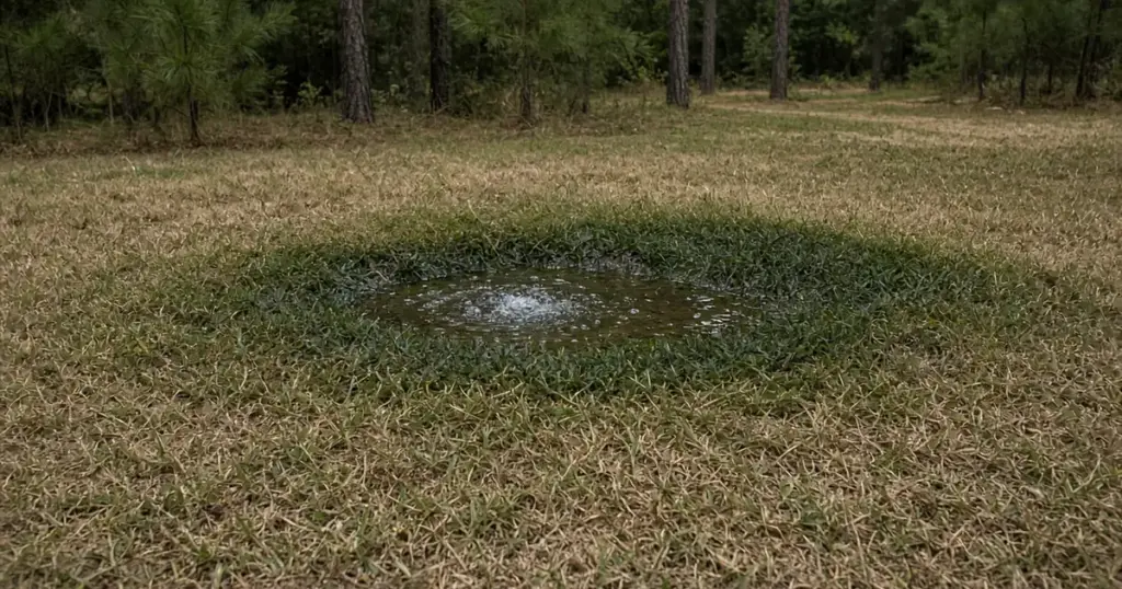 Soggy lawn patch over an underground sprinkler leak in East Texas