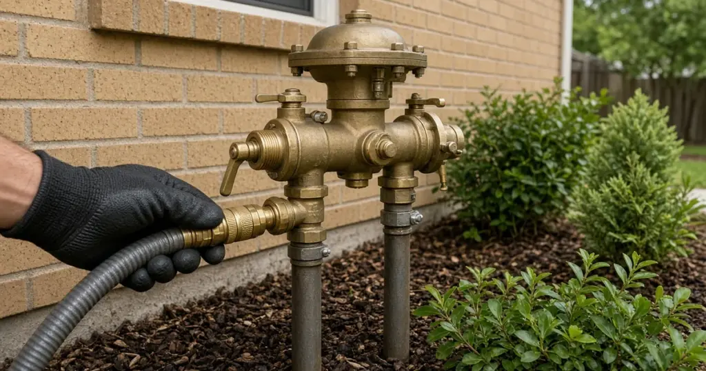 Brass irrigation backflow preventer being tested beside a brick home