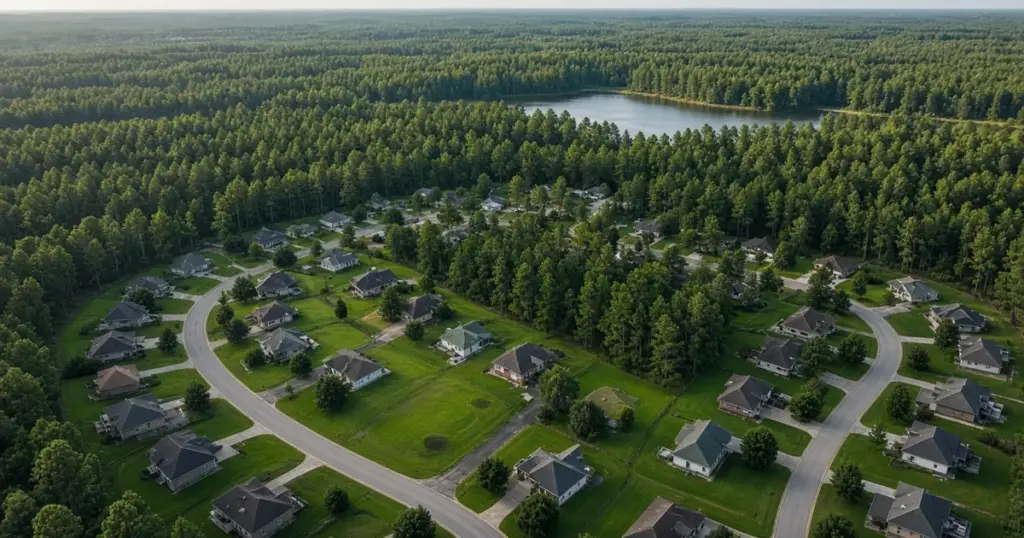 Aerial view of an East Texas neighborhood surrounded by pine forest