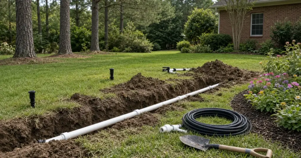 New irrigation system installation with trench and PVC pipe in a backyard
