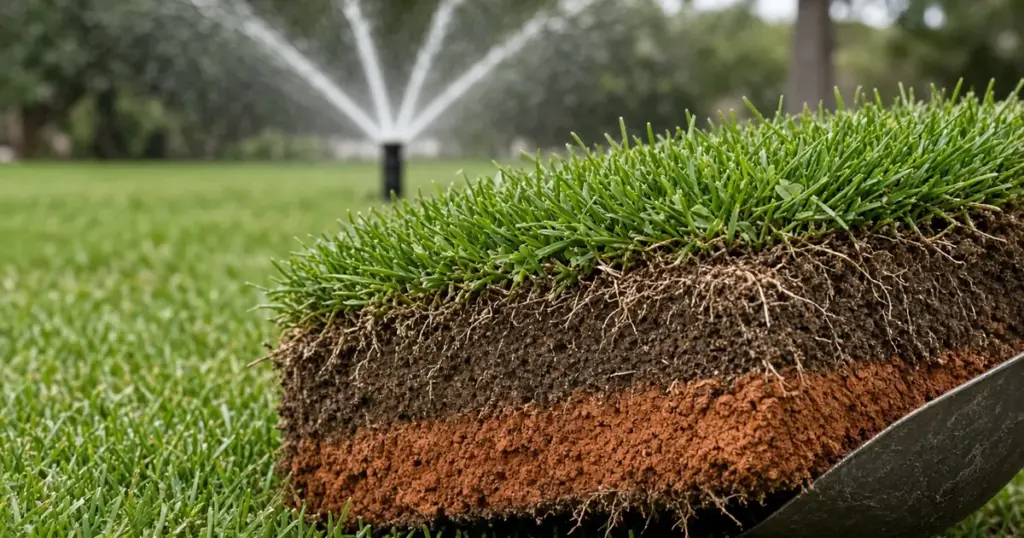 Grass and soil cross-section showing sandy loam over red clay