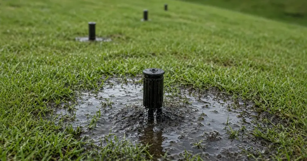 Water puddling around the lowest sprinkler head on a sloped lawn
