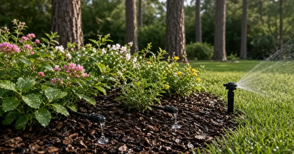 Drip irrigation watering a garden bed next to an efficient lawn sprinkler