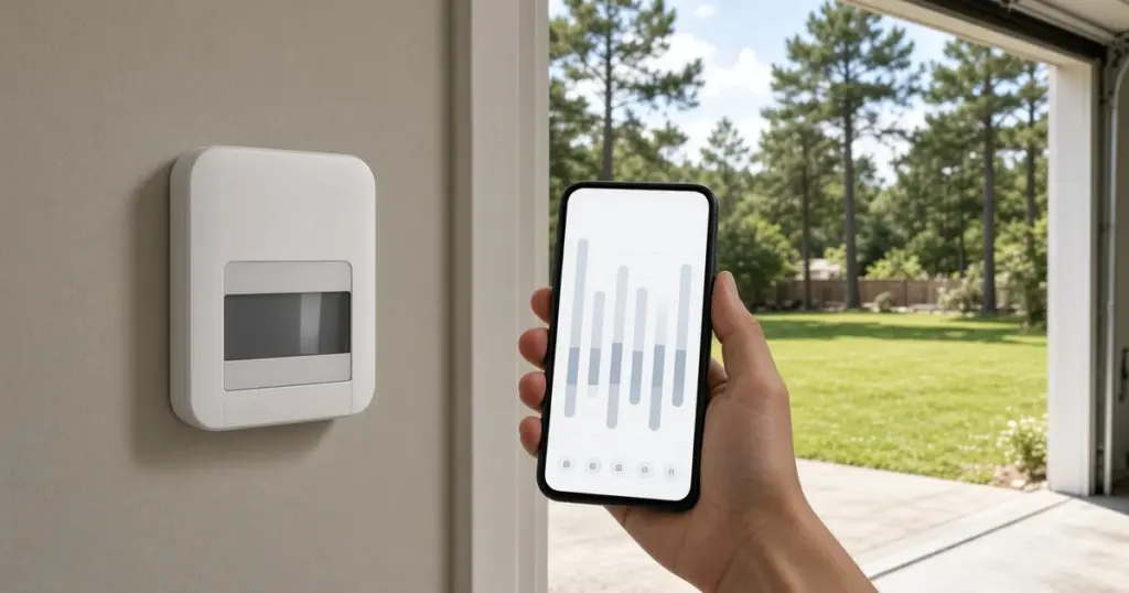 Smart sprinkler controller on a garage wall with a phone watering app