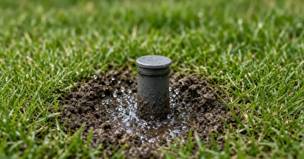 Pop-up sprinkler head stuck in the lawn with water bubbling around it