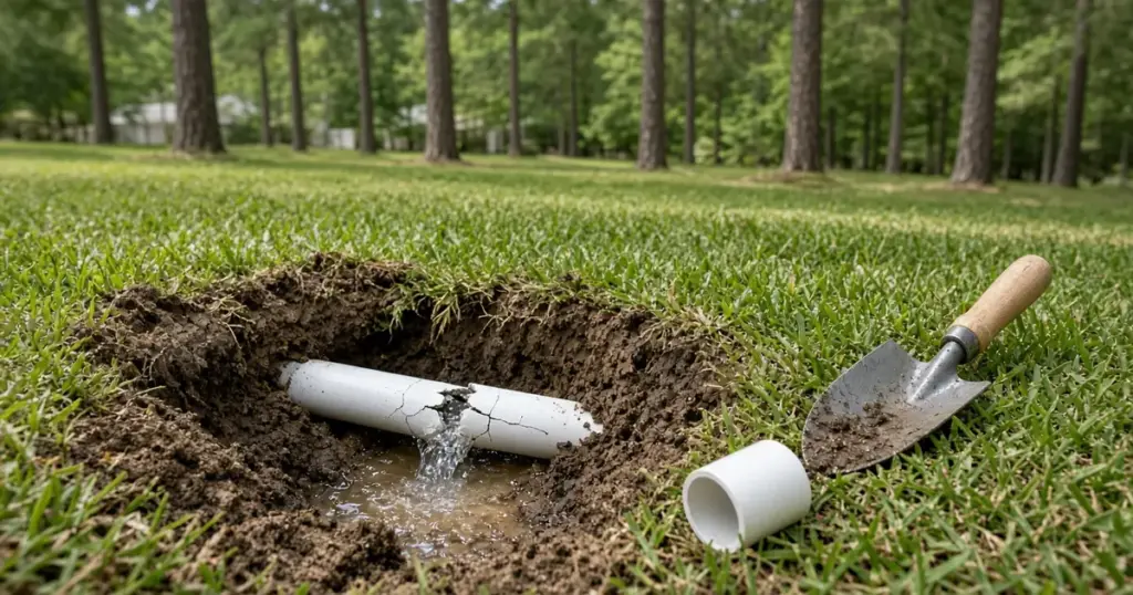 Cracked PVC sprinkler pipe leaking in a dug-up lawn