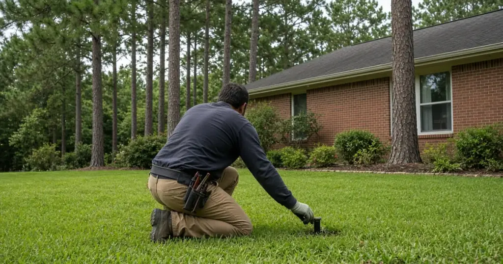 Irrigation technician checking a sprinkler head at a Huntsville, TX home