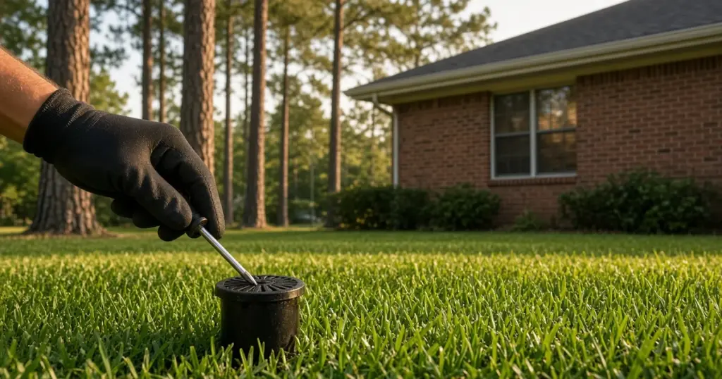 Technician adjusting a pop-up sprinkler head on a Huntsville, TX lawn