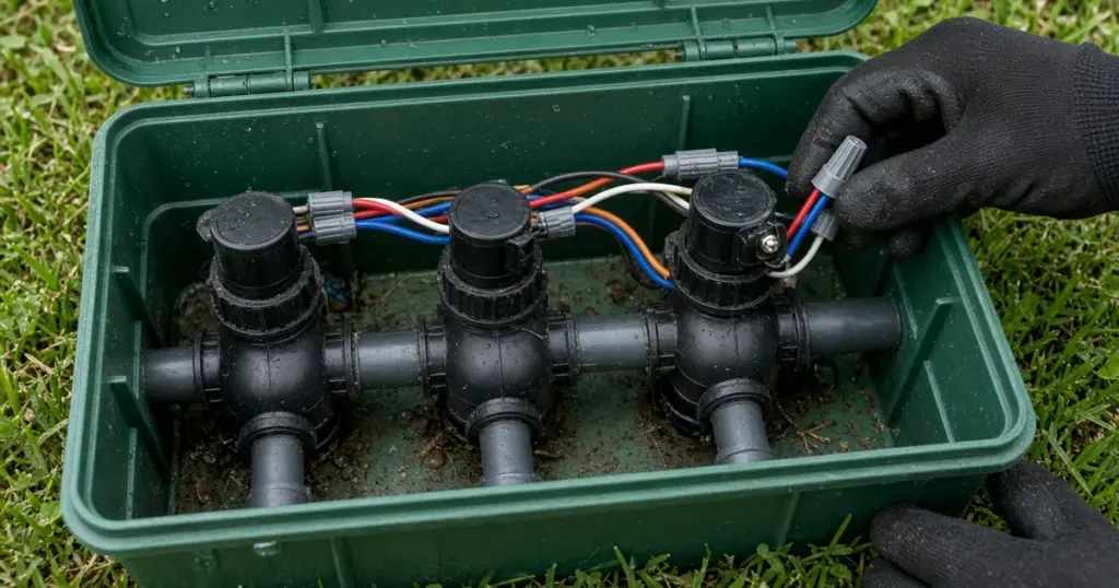 Sprinkler zone valves and wiring inside an irrigation valve box