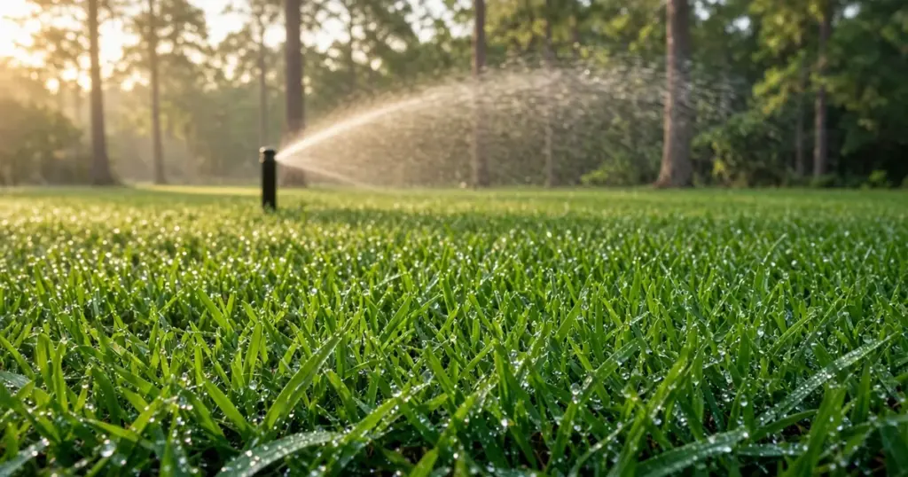 St. Augustine grass with dew as a sprinkler waters an East Texas lawn