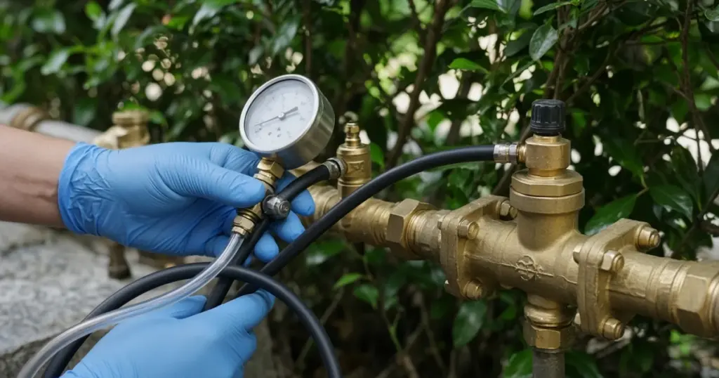 Test gauge hooked up to a brass irrigation backflow assembly