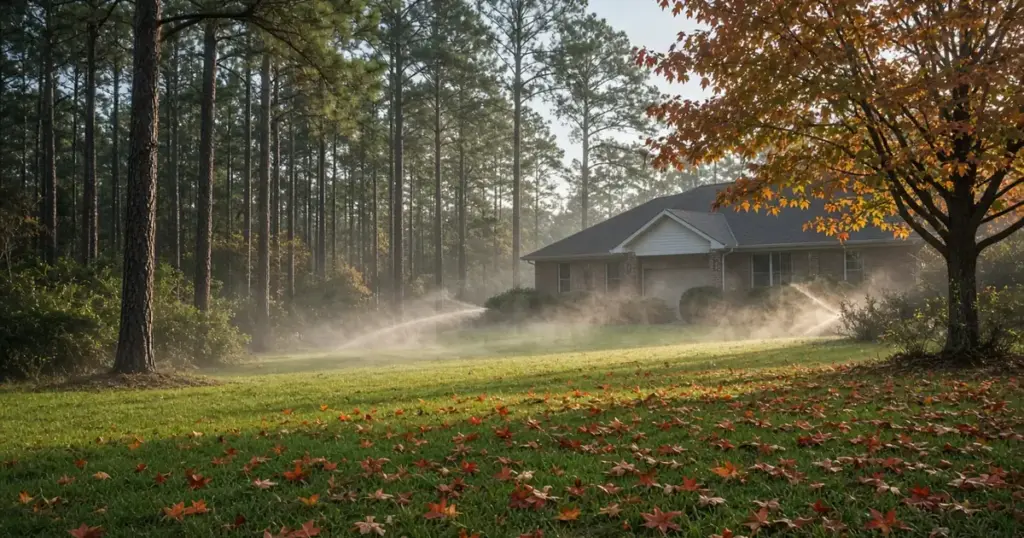 Sprinklers watering an East Texas yard in fall with pine trees