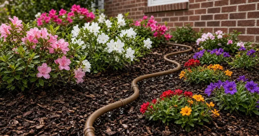 Drip irrigation tubing running through a mulched flower bed
