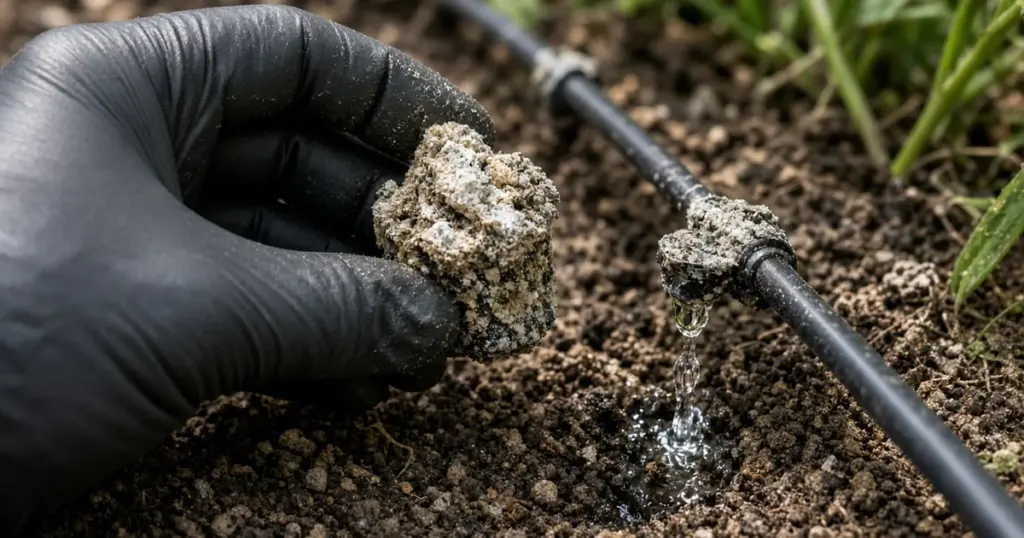 Clogged drip irrigation emitter with mineral buildup