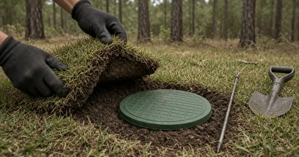 Uncovering a buried sprinkler valve box lid under the grass