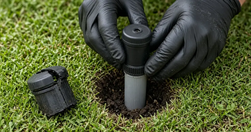 Installing a new sprinkler head next to the broken old one