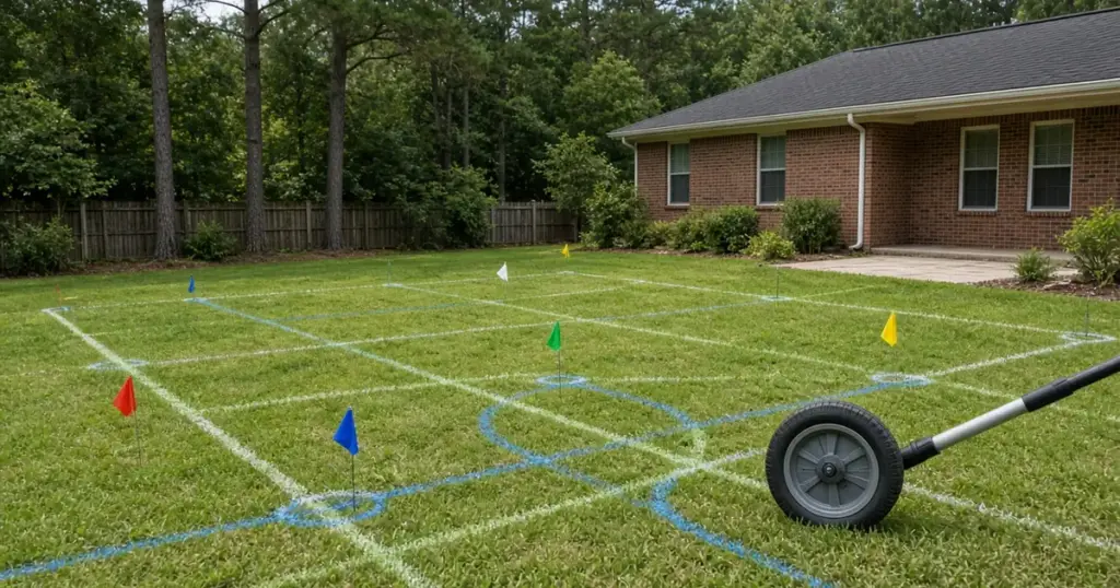 Backyard marked with flags and paint for a new sprinkler layout