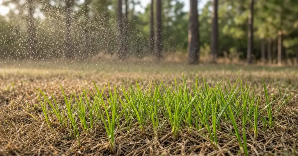 Ryegrass seedlings sprouting in a dormant lawn under sprinkler mist