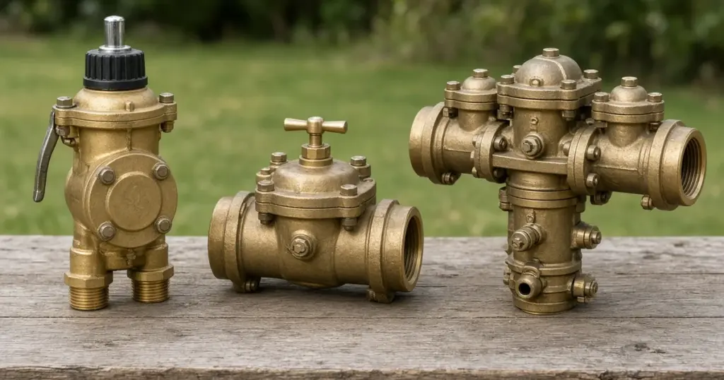Three types of brass irrigation backflow assemblies side by side