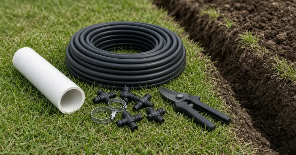 PVC pipe and poly irrigation pipe with fittings beside a trench