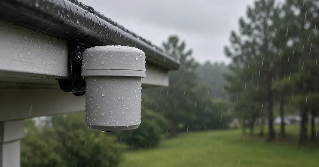 Rain sensor for a sprinkler system mounted on a gutter in the rain