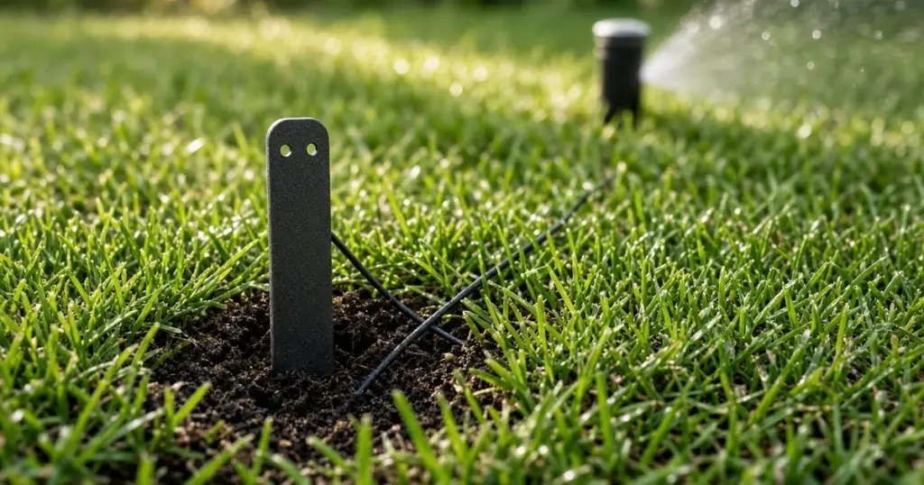 Soil moisture sensor placed in lawn turf near a sprinkler