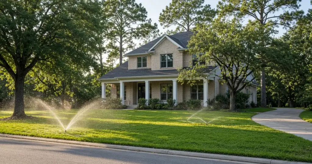 Sprinklers watering the front lawn of a Conroe, TX area home