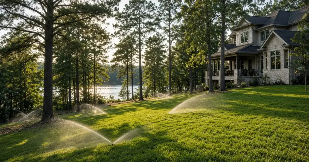 Sprinklers watering a sloped lakeside lawn near Montgomery, TX