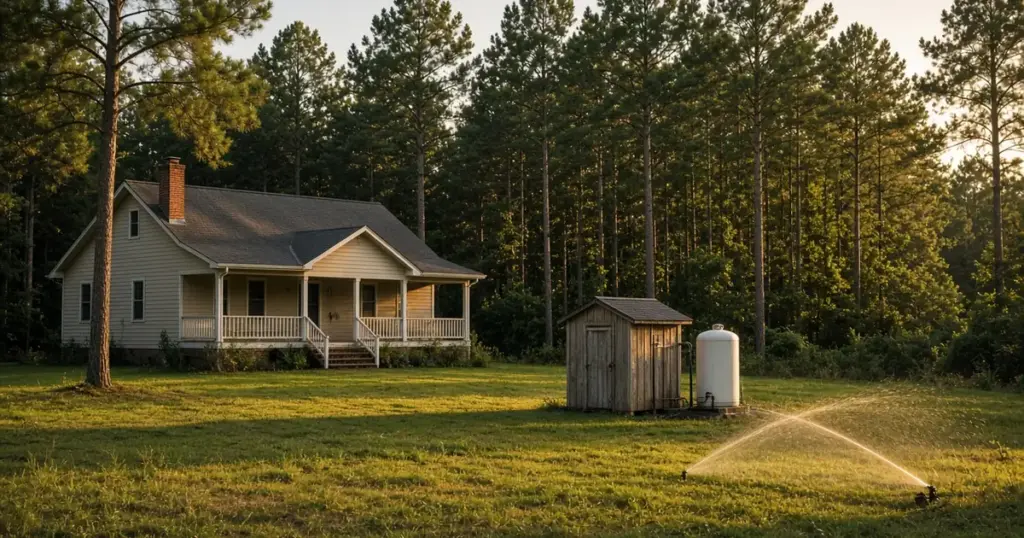 Rural home with a well pump house and a sprinkler near New Waverly, TX