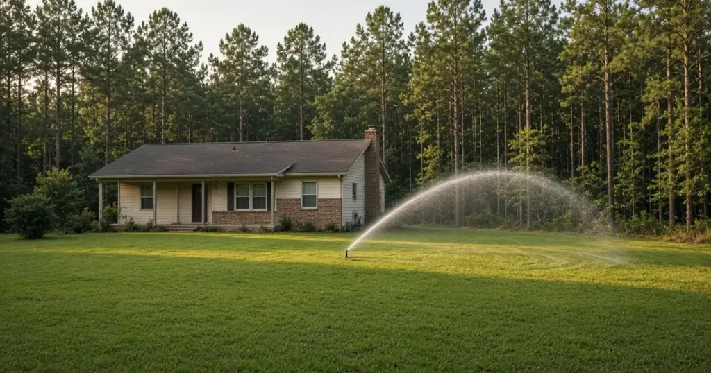 Rotor sprinkler watering a lawn at a pine-lined home near Willis, TX