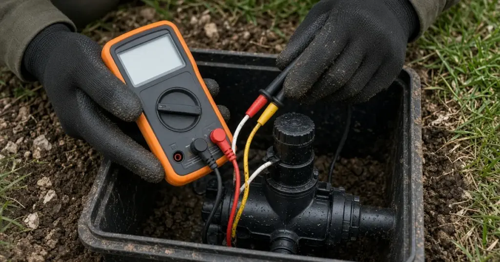 Testing a sprinkler valve solenoid with a multimeter