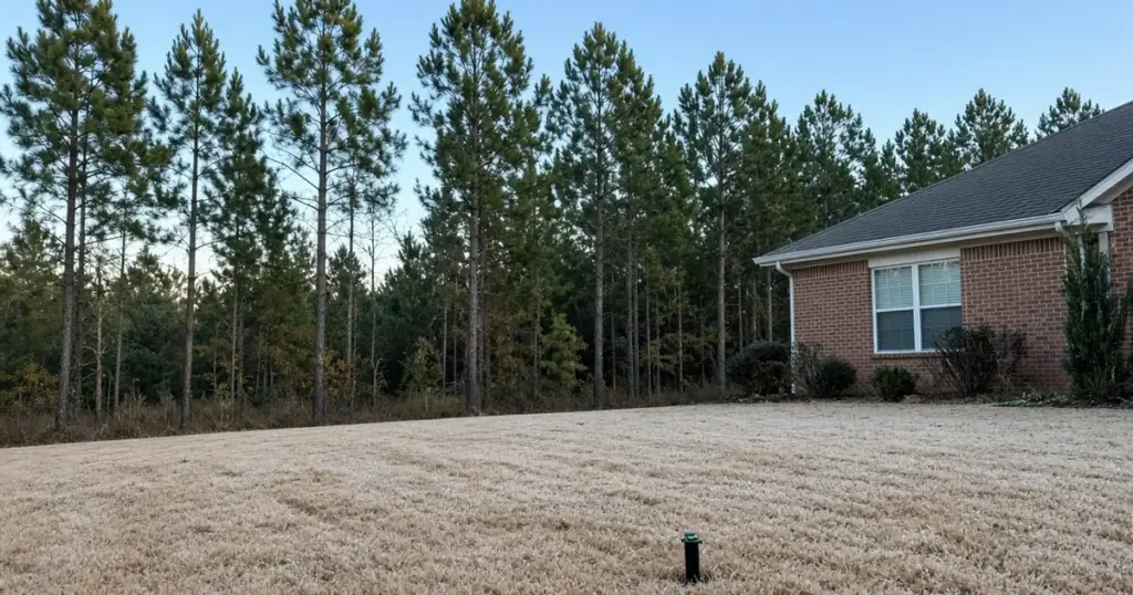 Dormant winter lawn with light frost at an East Texas home