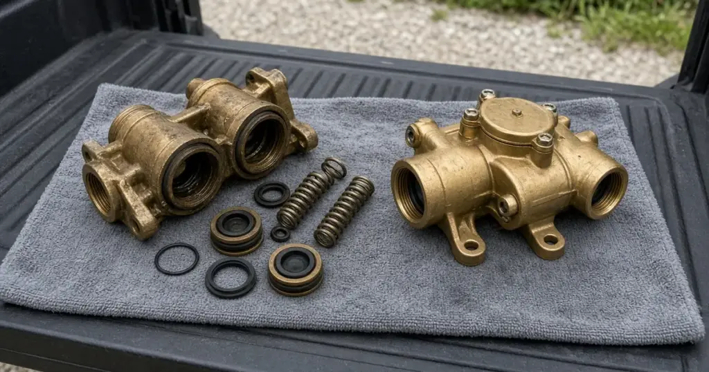 Rebuild parts for a brass backflow preventer next to a new one