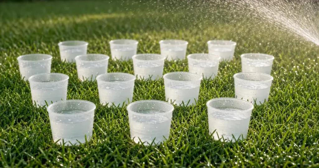 Catch cups set on a lawn to measure sprinkler output