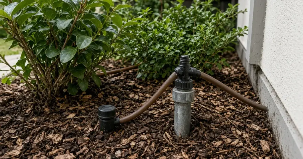 Sprinkler riser converted to drip irrigation in a shrub bed