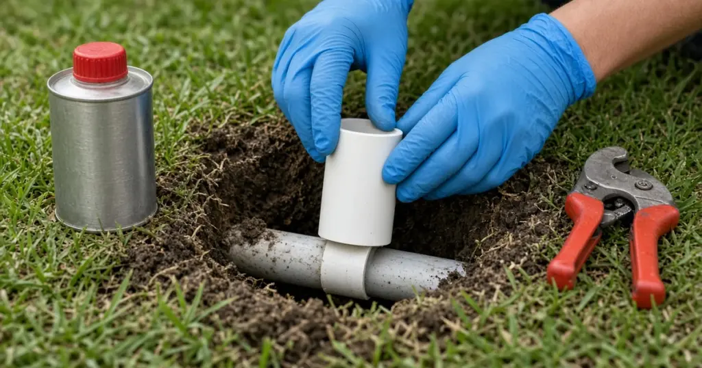 Fitting a PVC repair coupling onto a broken sprinkler pipe