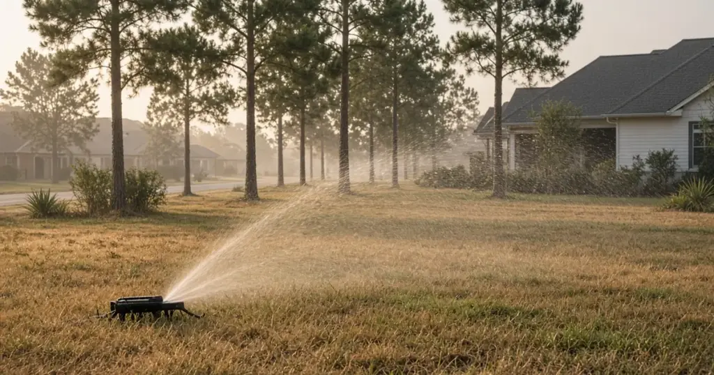 Early-morning sprinkler watering a drought-stressed lawn