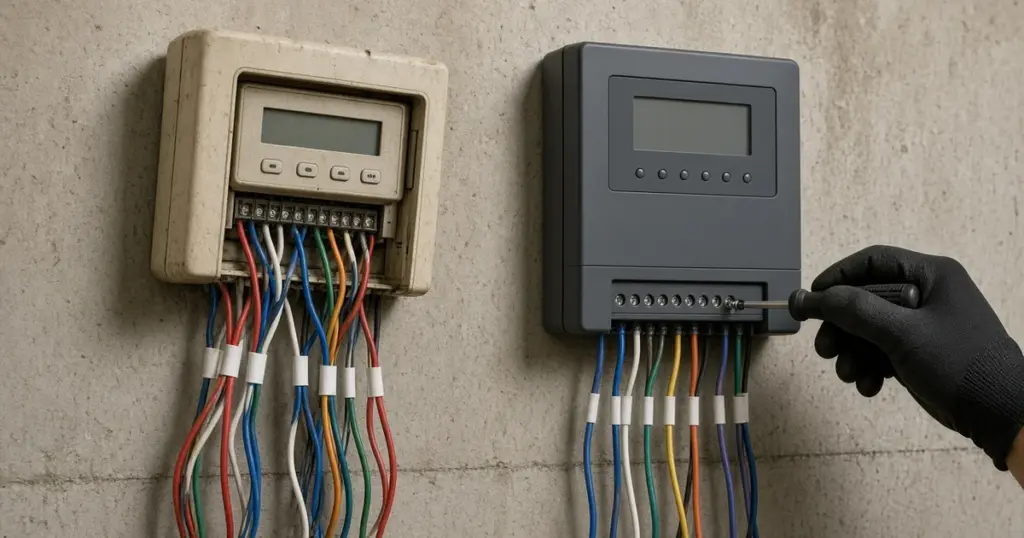 Old sprinkler controller beside a new controller being wired