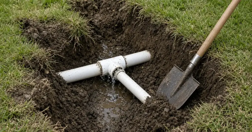 Leaking tee where a sprinkler main line meets a lateral line