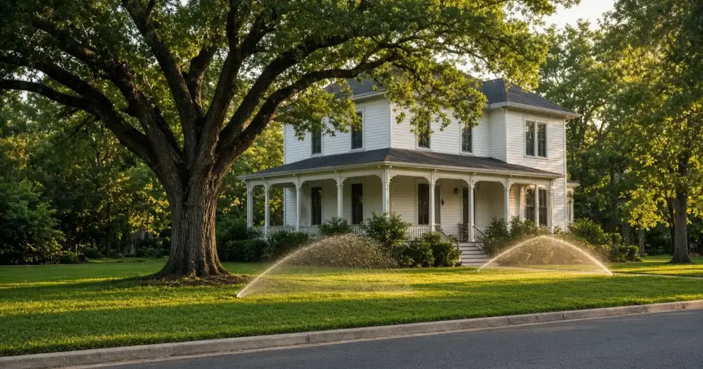Sprinklers watering the lawn of a historic home near Crockett, TX