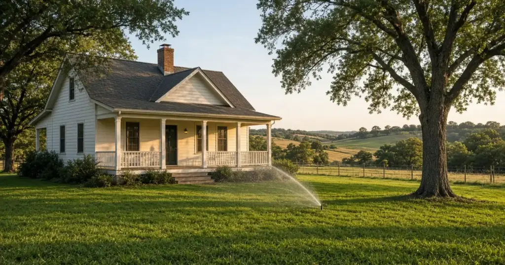 Sprinkler watering the lawn of a farmhouse near Madisonville, TX