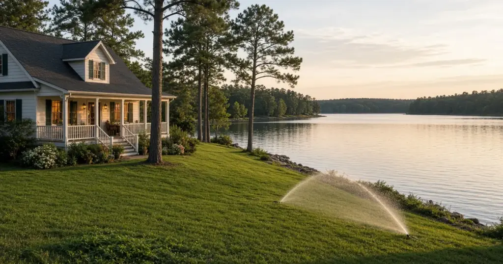 Lakeside home lawn with a sprinkler near Trinity, TX
