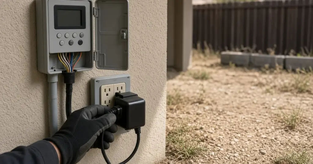 Checking a sprinkler controller transformer plug at the outlet